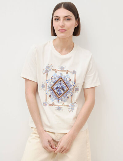 T-shirt en coton manches courtes ivoire femme