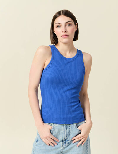 Débardeur cintré court col rond bleu electrique femme