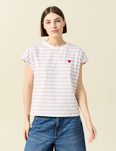 T-shirt ray&eacute; col rond manches courtes creme femme