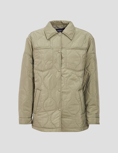 Veste droite matelass&eacute;e col chemise vert kaki femme
