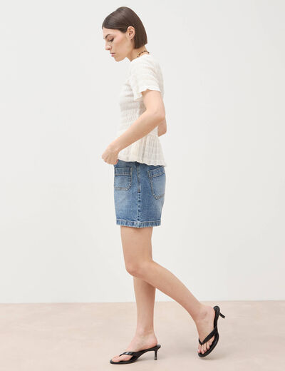 T-shirt cintr&eacute; fronc&eacute; manches courtes ivoire femme