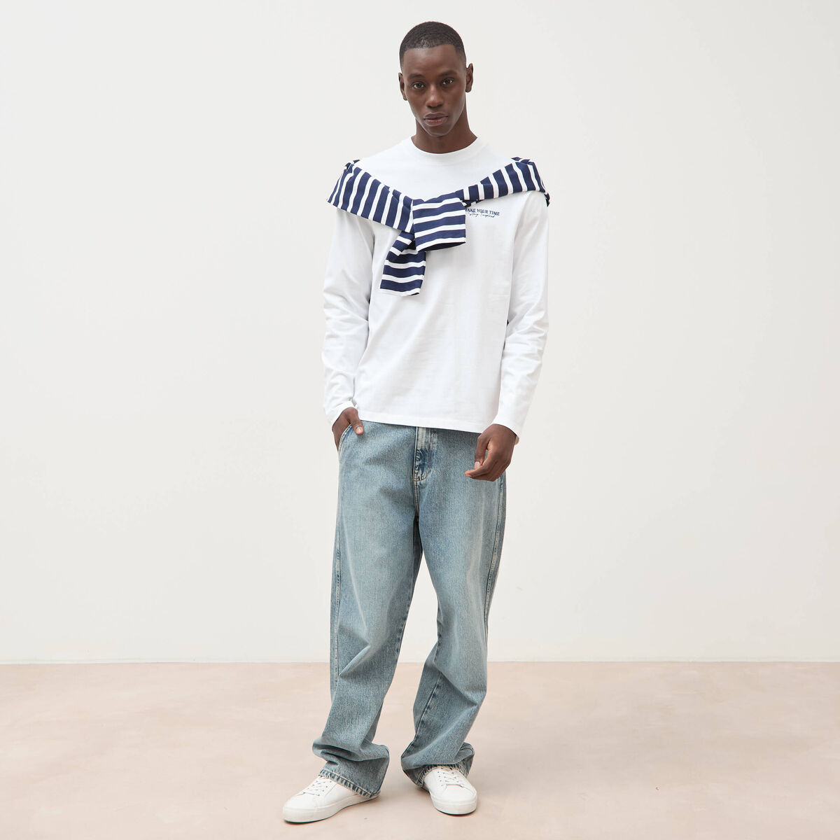 T-shirt droit en coton manches longues blanc homme
