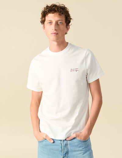 T-shirt col rond manches courtes brod&eacute; ecru homme