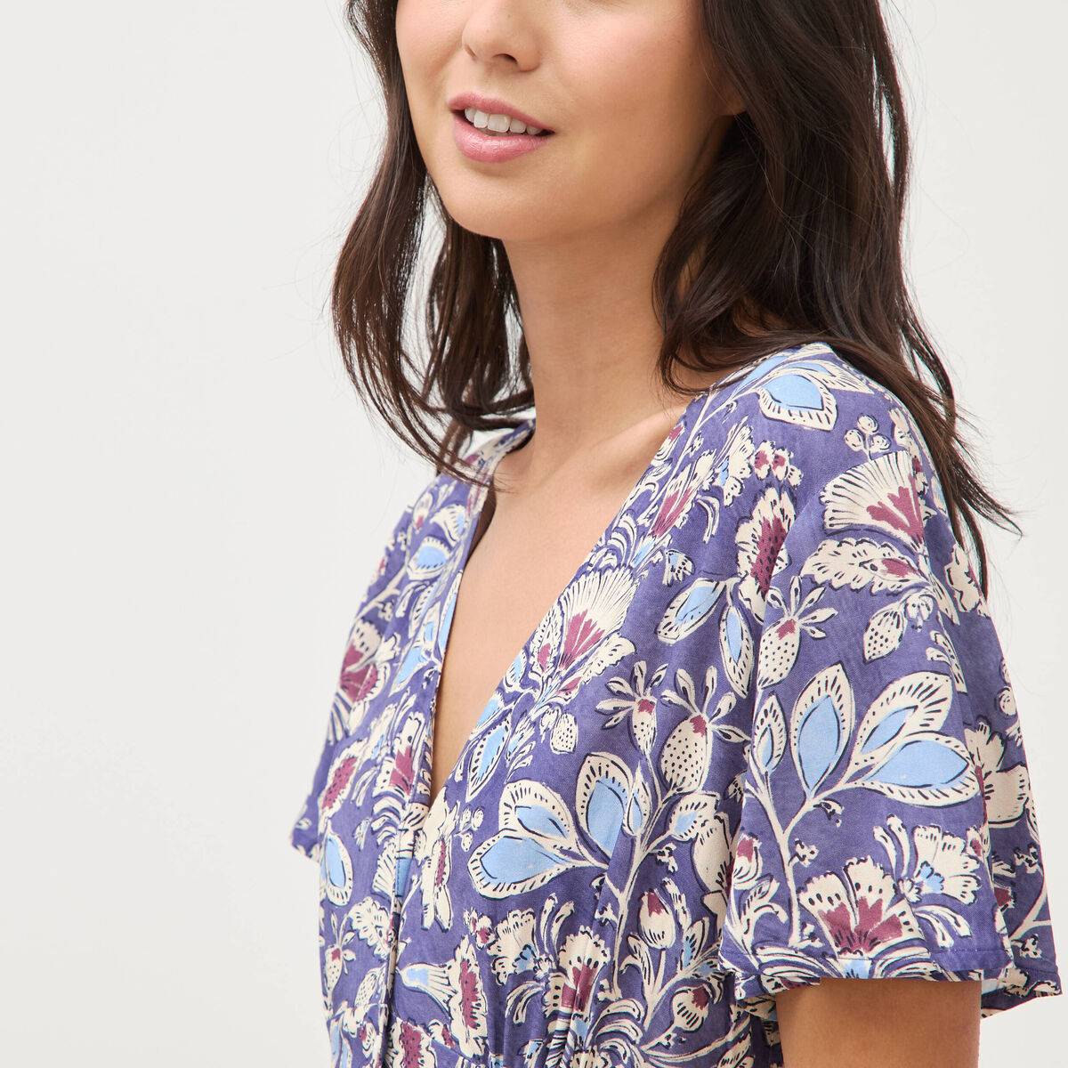 Robe droite 3/4 col v manches courtes bleu femme