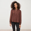 Blouse ajour&eacute;e col rond manches longues marron fonc&eacute; femme
