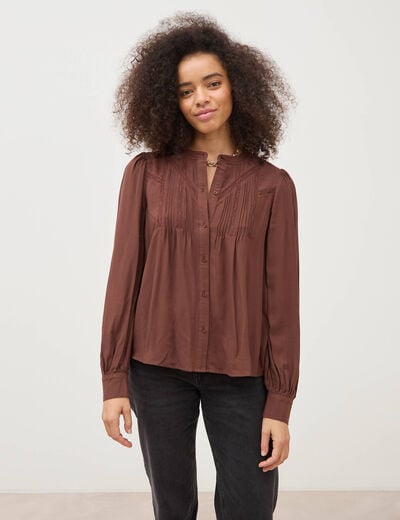 Blouse ajour&eacute;e col rond manches longues marron fonc&eacute; femme