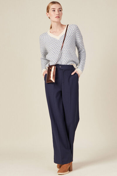 Pull manches longues col en V bleu gris femme