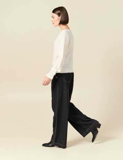 Pull ajour&eacute; col bateau manches longues ecru femme