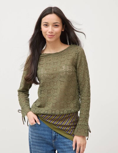 T-shirt manches longues en dentelle vert kaki femme