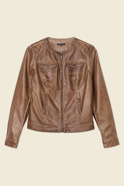 Veste cintrée zippée col rond marron femme