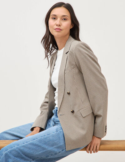 Blazer &agrave; carreaux col tailleur gris femme
