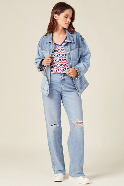Pull manches longues col en V bleu electrique femme