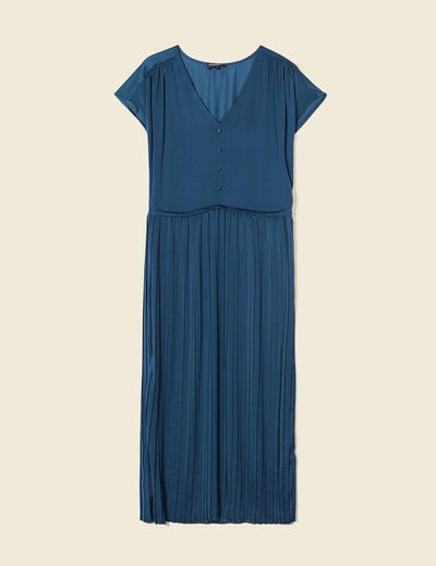 Robe midi évasée plissée satin bleu canard femme