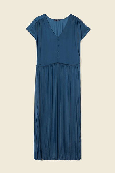 Robe midi évasée plissée satin bleu canard femme