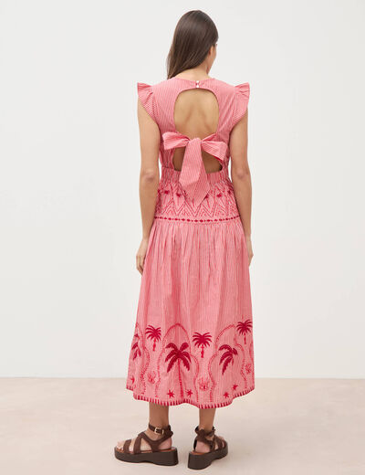 Robe col v manches volantes en coton rouge femme