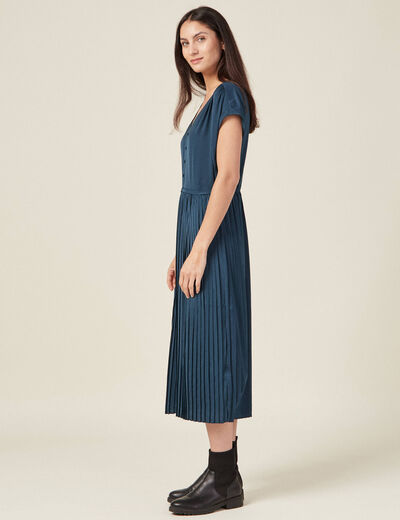 Robe midi évasée plissée satin bleu canard femme