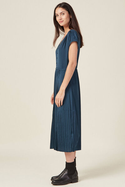 Robe midi évasée plissée satin bleu canard femme