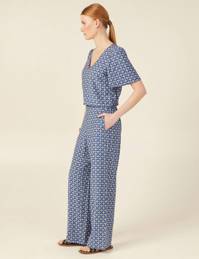 Pantalon large taille haute bleu femme