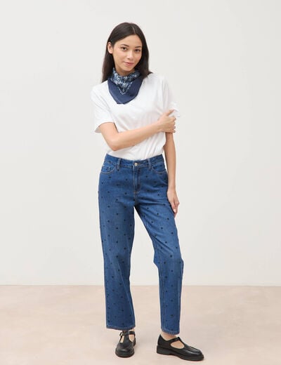Jeans straight taille haute broderie bleu clair femme