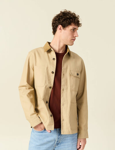 Veste boutonnée col velours beige homme