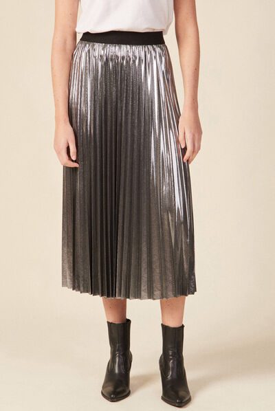 Jupe midi évasée plissée gris argent femme