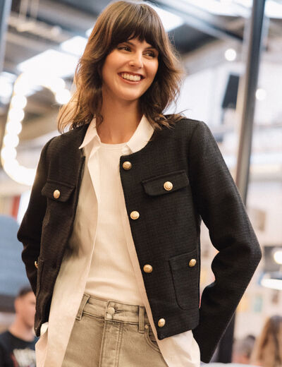 Veste tweed boutonnée noir femme