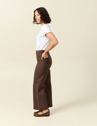 Jeans large cropped taille haute marron femme