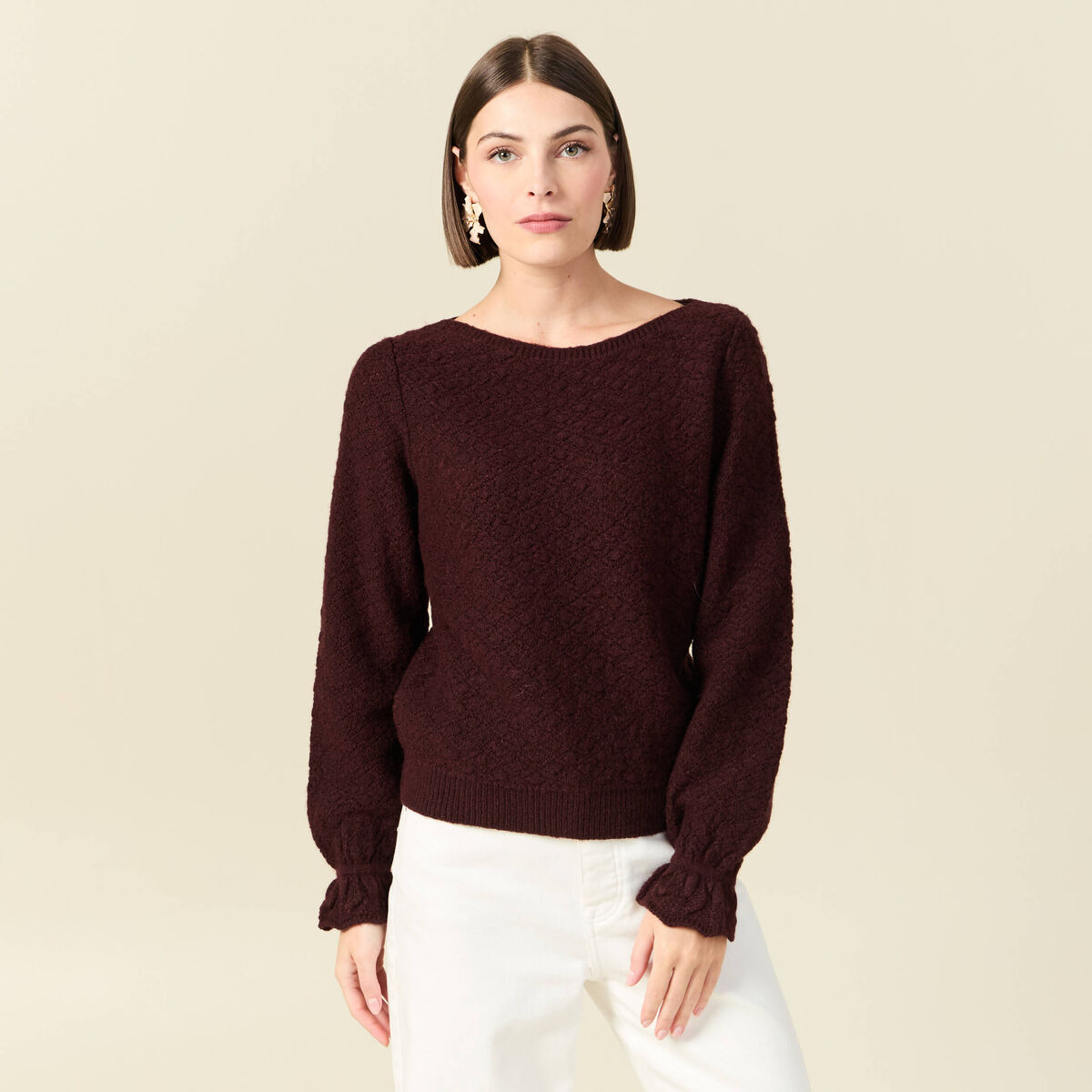 Pull ajour&eacute; col bateau manches longues prune femme