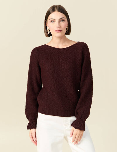 Pull ajour&eacute; col bateau manches longues prune femme