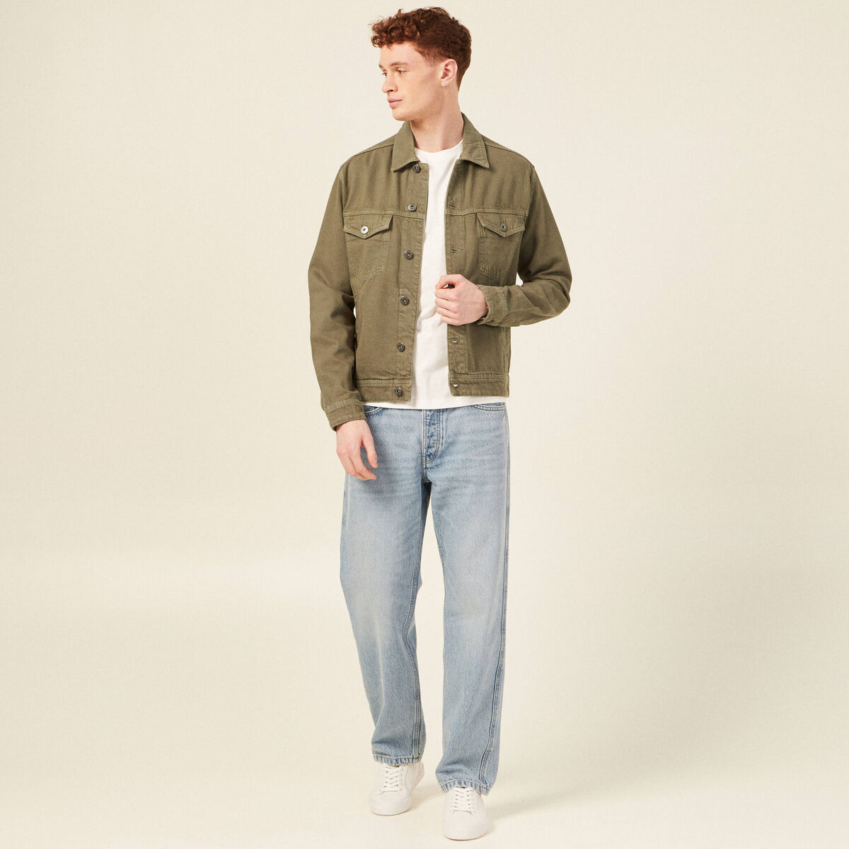 Blouson droit boutonné vert kaki homme