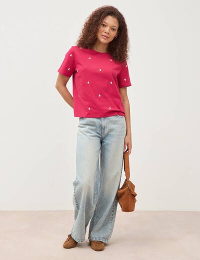 T-shirt droit col rond brod&eacute; en coton rouge clair femme