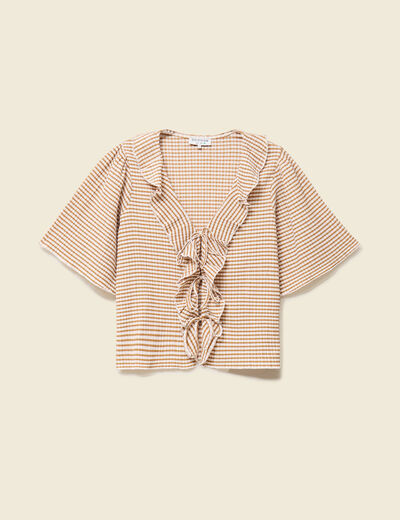 T-shirt col V &agrave; volants manches courtes marron clair femme