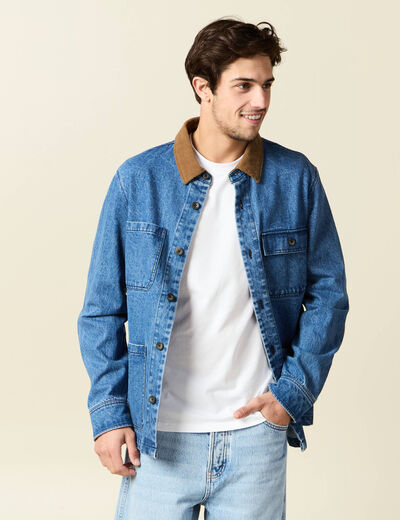 Veste col velours en jean denim double stone homme