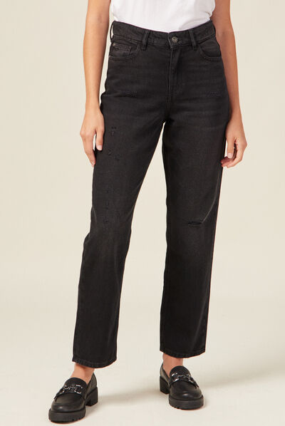 Jeans straight 7/8ème destroy denim noir femme