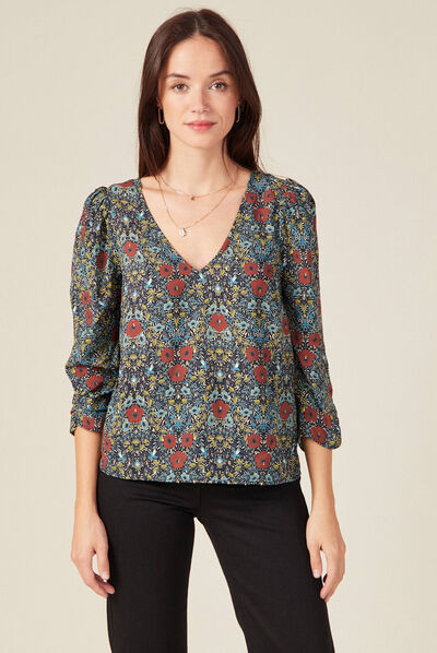 Blouse manches 3/4 dos en V noir femme