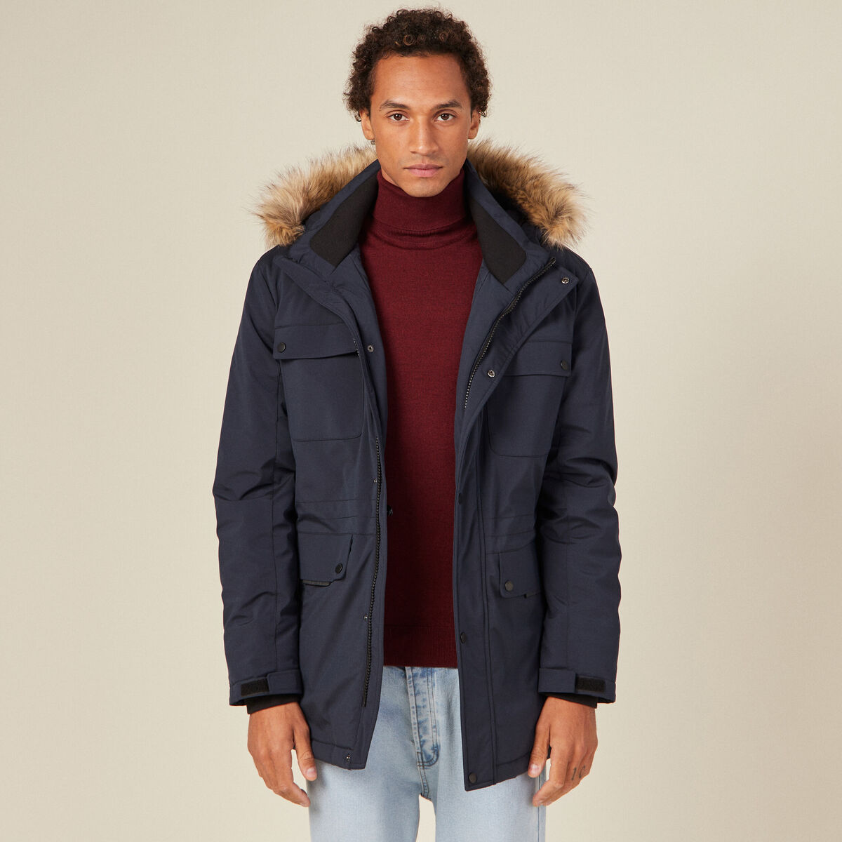 Parka droite à capuche bleu foncé homme