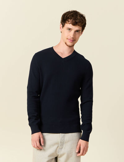 Pull col V bleu marine homme