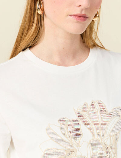 T-shirt manches courtes brodé creme femme