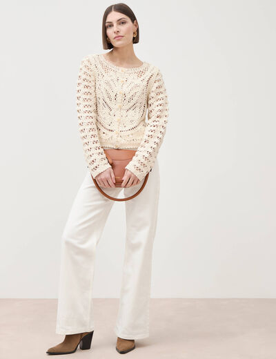 Cardigan droit court manches longues ecru femme