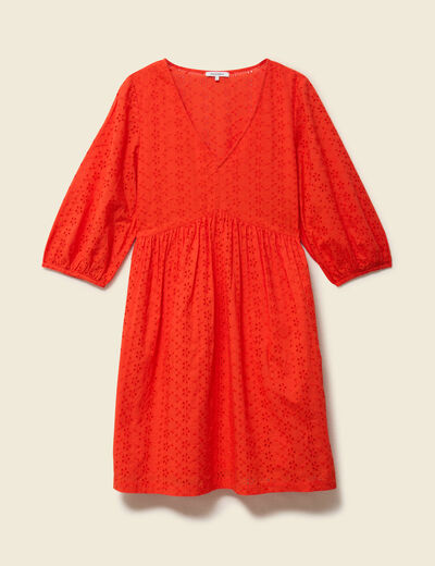 Robe droite courte col v manches 3/4 orange fonc&eacute; femme