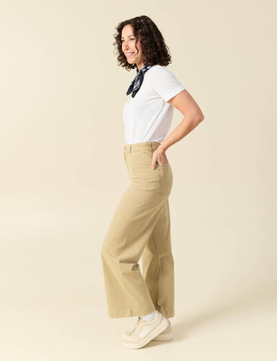 Jeans large ray&eacute; taille haute 7/8&egrave;me beige femme