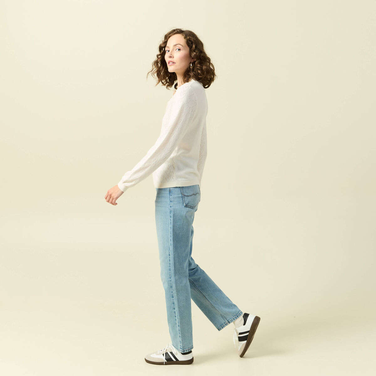 Pull ajouré manches longues en coton ecru femme