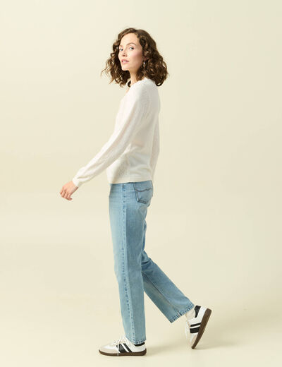 Pull ajour&eacute; manches longues en coton ecru femme