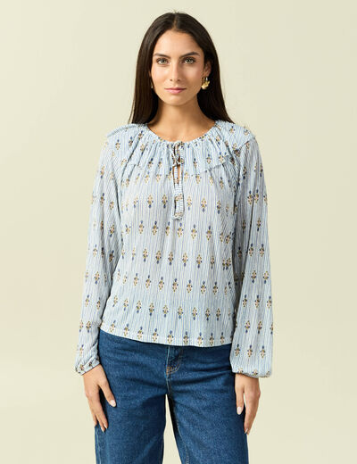 Blouse col rond manches longues bleu ciel femme