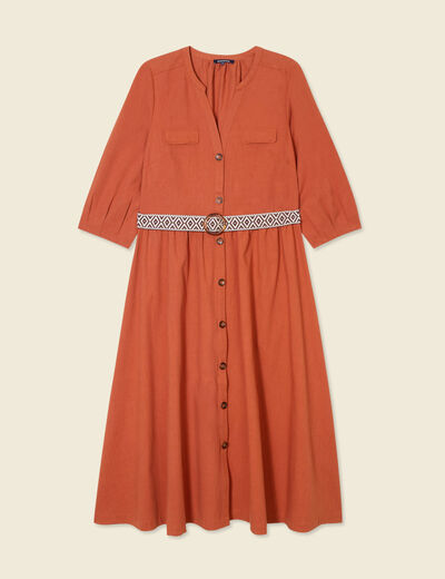 Robe midi évasée ceinturée marron cognac femme