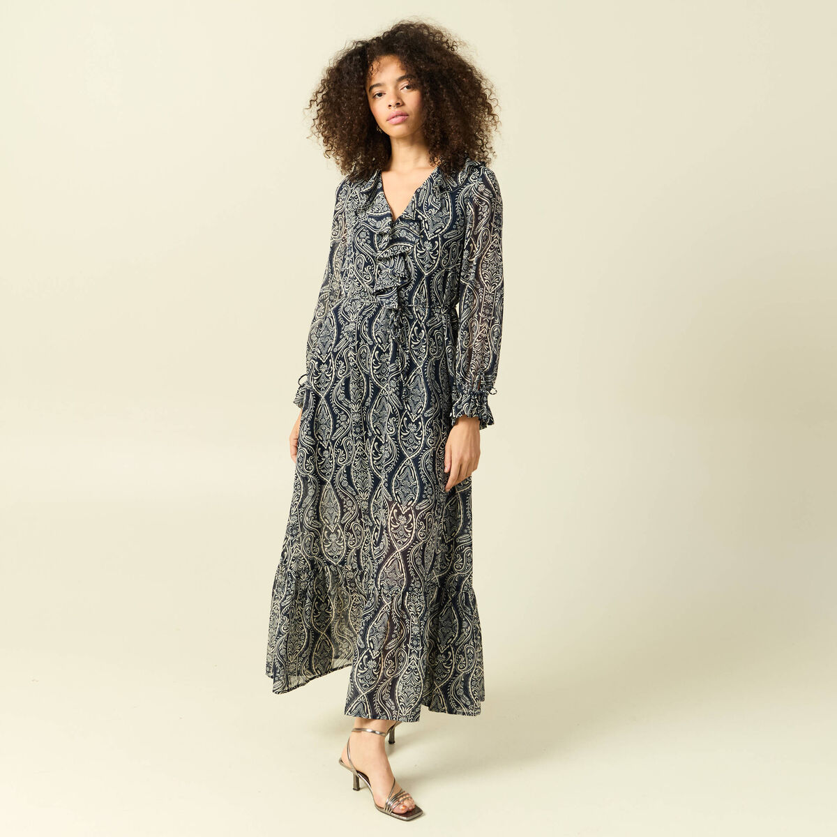 Robe longue &eacute;vas&eacute;e col v manches longues bleu marine femme
