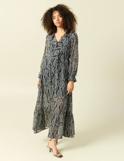 Robe longue &eacute;vas&eacute;e col v manches longues bleu marine femme