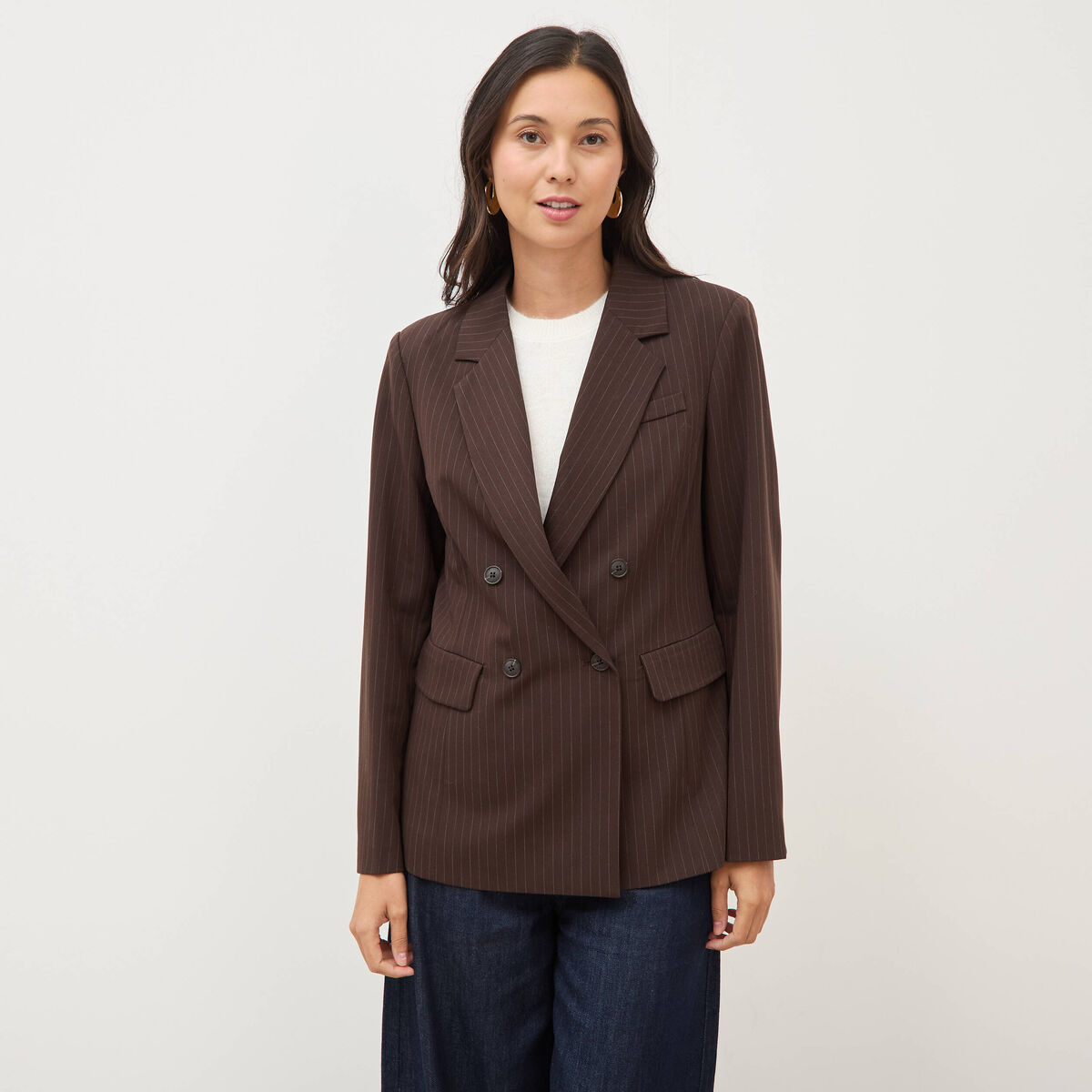 Blazer manches longues col tailleur marron fonc&eacute; femme