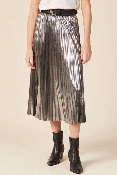 Jupe midi évasée plissée gris argent femme