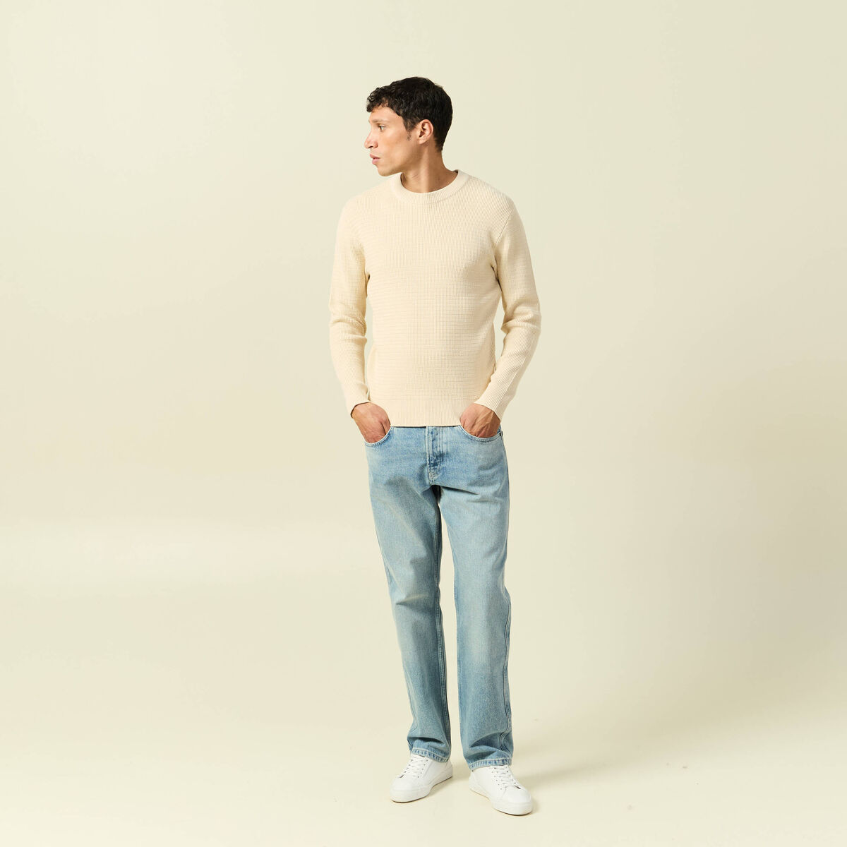 Pull col rond manches longues sable homme